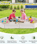 Kids playing in white elliptical sandbox with cover and built-in seating, enjoying weather resistant outdoor sand pit for backyard fun.