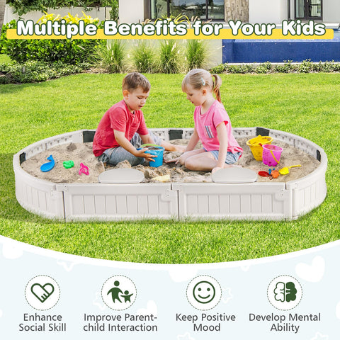 Kids playing in white elliptical sandbox with cover and built-in seating, enjoying weather resistant outdoor sand pit for backyard fun.