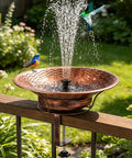 Deck Mount Bird Bath With Railing Clamp Solar Fountain 2 In 1 Feeder Vintage Brown on wooden rail with blue bird.