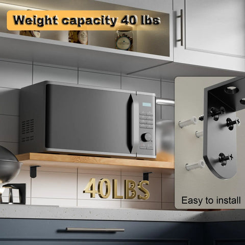 Rock Solid Four Piece L Angle Brackets For Wood Cabinets And Shelving Units Heavy Duty Stainless Steel corner supports with 40 lbs capacity.