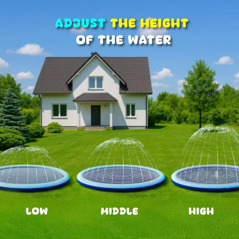 Epic Non Slip Splash Pad For Kids And Pets Thickened Sprinkler Pool Play Mat For Backyard Summer Fun Outdoor Water Toy For Baby And Toddler Safety 67 Inch Wide showing adjustable water height settings.