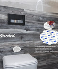 Please Flush Only Toilet Paper Designer Sign For Septic Systems with double-sided tape, shown on bathroom wall above toilet.