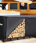 Heavy Duty 12 Foot Firewood Rack With Cover For Outdoor Storage And Indoor Use Large Black Log Rack Holds Three Quarters Face Cord Of Firewood Sturdy Tubular Steel Frame Weather Resistant with open side showing stacked logs.