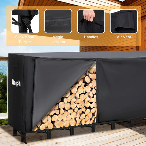 Heavy Duty 12 Foot Firewood Rack With Cover For Outdoor Storage And Indoor Use Large Black Log Rack Holds Three Quarters Face Cord Of Firewood Sturdy Tubular Steel Frame Weather Resistant with open side showing stacked logs.