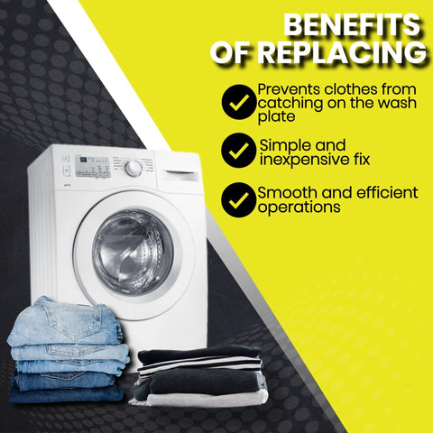 White front-loading washing machine with stacked jeans and folded laundry nearby on a black and yellow background