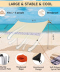 5 Person Beach Tent Sun Shelter with UPF50+ Protection, 8x7 Ft Portable Beach Canopy shown in khaki on the sand with stability poles