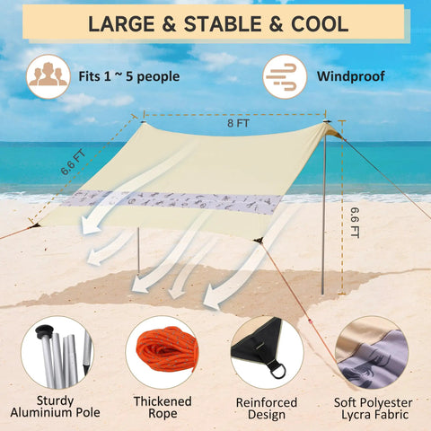 5 Person Beach Tent Sun Shelter with UPF50+ Protection, 8x7 Ft Portable Beach Canopy shown in khaki on the sand with stability poles