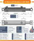 Hydraulic cylinder, 2" bore, 8" stroke, double-acting welded cross-tube; SAE #6 ports (side and top views).