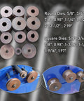 Lg Xenzhuo Heavy Duty Electric Pipe Bender 1500W Round and Square dies shown with sizes for bending applications.