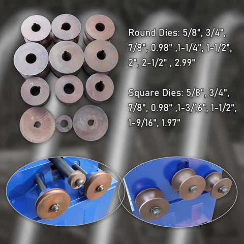 Lg Xenzhuo Heavy Duty Electric Pipe Bender 1500W Round and Square dies shown with sizes for bending applications.