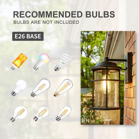 Modern Outdoor Wall Light With Seeded Glass Shade, Waterproof Anti Rust Black Exterior Sconce with E26 recommended bulbs