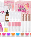 All Inclusive Lip Gloss Making Kit For Beginners With DIY Lip Gloss Set Includes 140G Base Empty Tubes Pigment Powders Jojoba Oil Glitter Powder Tools And Manual Eight Color Options For Moisturizing Handmade Lip Glaze displayed with components arranged.
