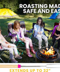 Four children use Sturdy 32 Inch Marshmallow Roasting Sticks For Fire Pit Bonfire All In One Camping Kit Eight Pack Stainless Steel Telescopic Skewers For Smores Kit And Hot Dogs Outdoor Glamping Ready around a campfire.
