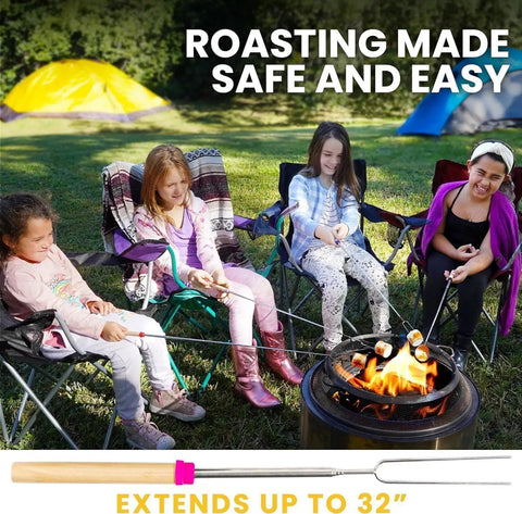 Four children use Sturdy 32 Inch Marshmallow Roasting Sticks For Fire Pit Bonfire All In One Camping Kit Eight Pack Stainless Steel Telescopic Skewers For Smores Kit And Hot Dogs Outdoor Glamping Ready around a campfire.