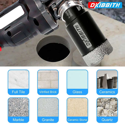 Tile hole saw bit installed on a drill; dry diamond core, 1-3/8 in (35 mm), DKIBBIT, 5/8-11 thread, 3/8 in hex shank
