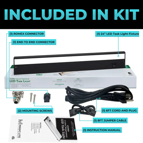 Under Cabinet Lighting 24 Inch Black Finish with 3 CCT 2700K 3000K 4000K Dimmable and Linkable, installation kit components