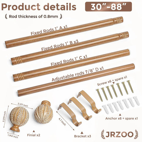Wood Curtain Rod 1 Inch Diameter Adjustable 30 To 88 Inches Heavy Duty Rustic Farmhouse Drapery Rod With Boho Imitation Wheat Pattern Finials