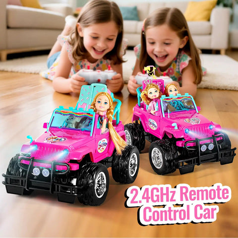 Kid Friendly Remote Control Car With Doll Seat Fits Two 5.5 Inch Dolls 2.4GHz RC Toy For Girls Easy Peasy Operation Pink Ride On Style Great First RC Car Requires 6 AA Batteries Not Included on floor with dolls and kids playing.