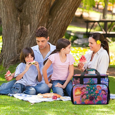 Family enjoying picnic by a tree with Insulated Picnic Backpack Cooler With 30L Capacity on blanket, scene of people sharing food.