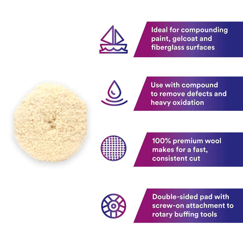 9 Inch Wool Compounding Pad For Auto Body Polishing And Buffing, 100% wool double-sided pad with screw-on attachment, instructions shown