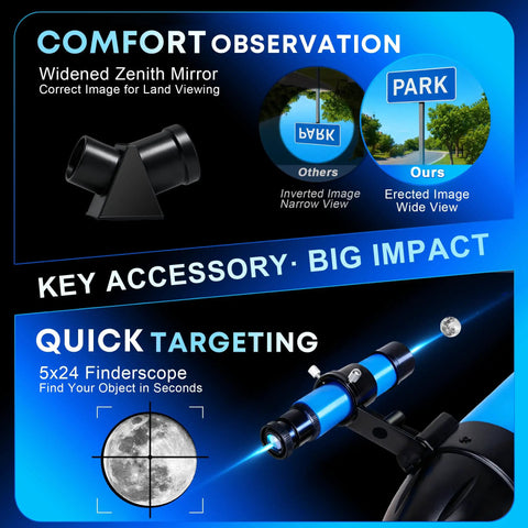 80mm Aperture 600mm Refractor Telescope For Beginners, includes zenith mirror, quick targeting finderscope, comfort observation features.