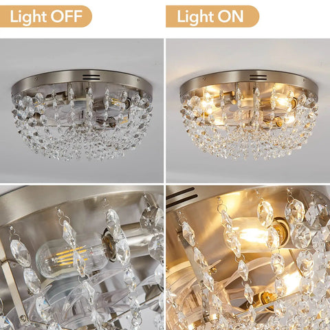 Cool Low Profile Boho Ceiling Fan With Light And Remote Control, Crystal Cage Design, Modern Flush Mount, Light on and off view