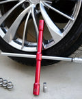 LugStrong 26 Inch Universal Compact Lug Wrench Set With Heavy Duty Tire Iron And Lug Nut Remover shown with car wheel and sockets