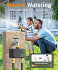 Father and son enjoying outdoor time with Brass WiFi Sprinkler Timer For Garden Hose 2 Zone Smart Water Timer on stone wall