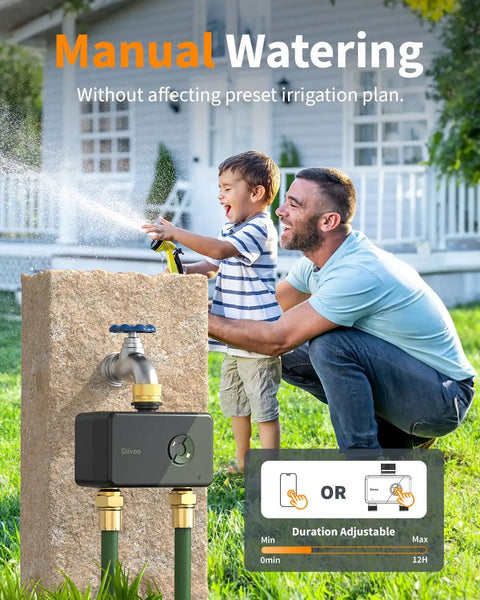 Father and son enjoying outdoor time with Brass WiFi Sprinkler Timer For Garden Hose 2 Zone Smart Water Timer on stone wall