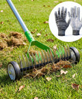 Wheeled Thatch Rake For Lawns, 15.28 Inch Steel Dethatcher With Adjustable 0 to 15 Degree Angle And 62.99 Inch Handle on grass