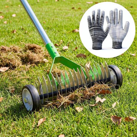 Wheeled Thatch Rake For Lawns, 15.28 Inch Steel Dethatcher With Adjustable 0 to 15 Degree Angle And 62.99 Inch Handle on grass