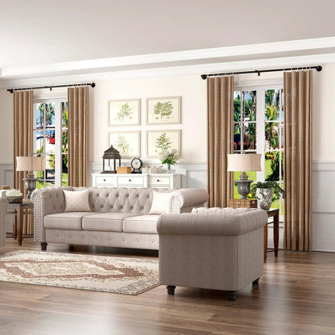 Two Pack Heavy Duty Curtain Rod Set For Windows 48 To 84 Inches Blackout Wrap Around Design installed in living room