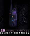 High-Power Tri-Band Ham Radio Handheld With USB-C Charging against circuit board background, showcasing 128 programmable channels.