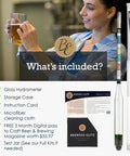 Hydrometer For Home Brew Beer Wine Mead And Kombucha Deluxe Triple Scale Set description with accessories and a glass hydrometer