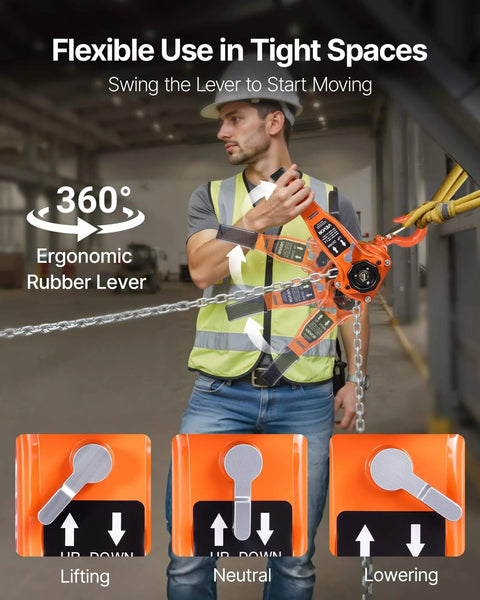 Man using 1 Ton Lever Chain Hoist With 10 Ft Lift G80 Chain Dual Pawl Mechanical Brake 360 Degree Hooks in warehouse setting