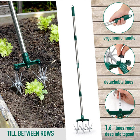 63 Inch Long Handle Rotary Tiller For Easy Gardening Adjustable From 25 To 63 Inches Aluminum Detachable Tines Hand Garden Cultivator in use