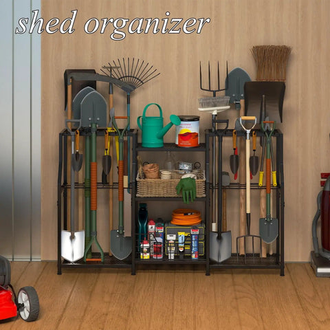 Three Tier Garden Tool Organizer Rack Heavy Duty Utility Stand With Shelves Slots Baskets And Hooks in garage setup