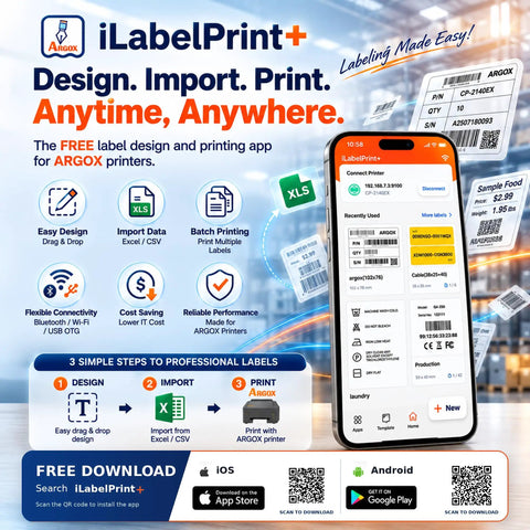 iLabelPrint+ app interface showcasing features for ARGOX printers like batch printing and data import.