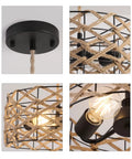 Boho Pendant Light Rustic Hand Woven Hemp Rope Drum Cage Rattan Hanging Lamp Wicker Coastal Farmhouse Chandelier With Two E26 Sockets Close-up