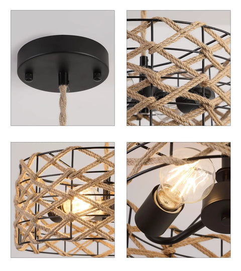 Boho Pendant Light Rustic Hand Woven Hemp Rope Drum Cage Rattan Hanging Lamp Wicker Coastal Farmhouse Chandelier With Two E26 Sockets Close-up