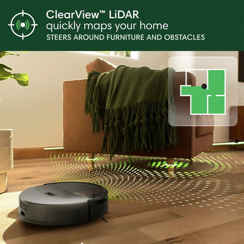 Roomba 205 DustCompactor Vacuum Robot With No Dock Needed and 60 Days Between Empties, showing LiDAR navigation under chair.