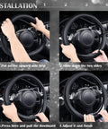 Installation steps for Fresh Bling Diamond Leather Steering Wheel Cover Loaded With Sparkly Crystal Rhinestones, showing grip and fit process.
