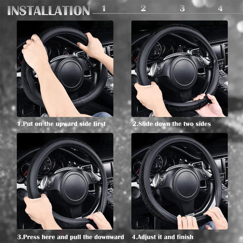 Installation steps for Fresh Bling Diamond Leather Steering Wheel Cover Loaded With Sparkly Crystal Rhinestones, showing grip and fit process.