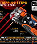 Pro Grade Marine Heat Shrink Wire Connector Kit With Crimp Tool And Pliers, Automatic Wire Strippers illustration, AWG 30-10.