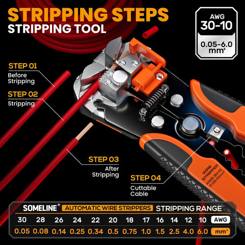 Open Barrel Spade Connector Crimping Tool Kit for 24-14 AWG, illustrating stripping steps with ergonomic handles visible