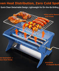 Portable Camping Grill And Fire Pit Foldable 2 In 1 Charcoal Wood Gas BBQ with food on top, stainless steel body for outdoor use.