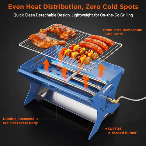 Portable Camping Grill And Fire Pit Foldable 2 In 1 Charcoal Wood Gas BBQ with food on top, stainless steel body for outdoor use.