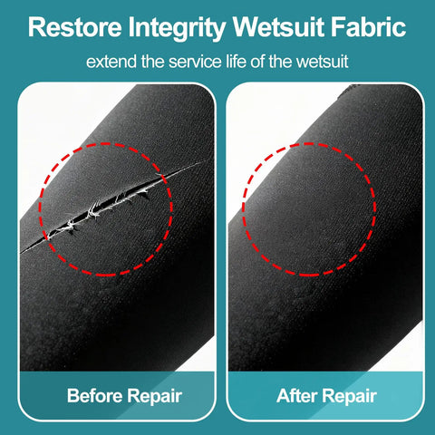 Heavy Duty Wetsuit Repair Glue And Waterproof Sealant For Dive Gear Upkeep used on neoprene seam before and after repair.