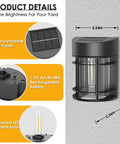 Close-up of Solar Wall Fence Lights Outdoor 6 Pack, showing LED Tungsten Filament and product dimensions, 3000K warm glow.