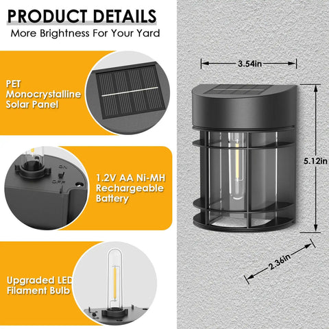 Close-up of Solar Wall Fence Lights Outdoor 6 Pack, showing LED Tungsten Filament and product dimensions, 3000K warm glow.